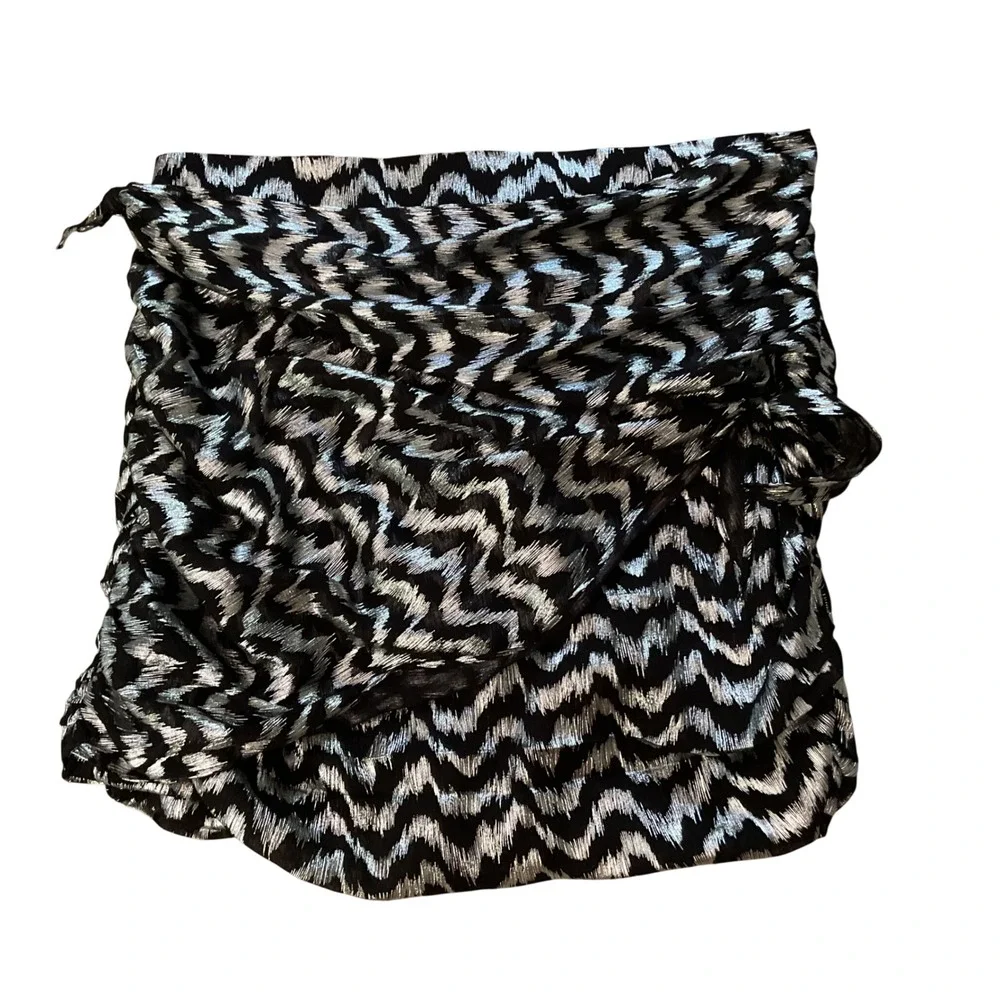 Zara Metallic Silver Black Zig Zag Ruched Wrap Mini Skirt Large 7563/059/084